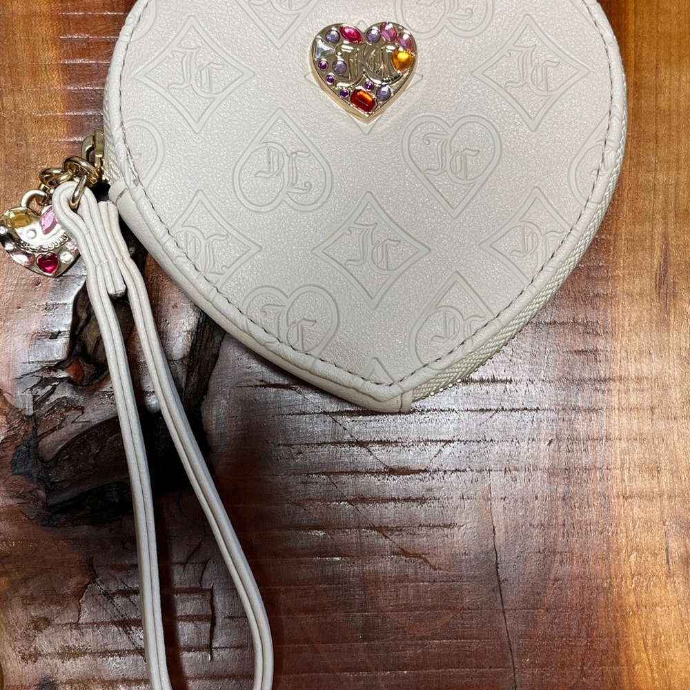 Juicy Couture Cream Heart Wristlet with Jewel Accents